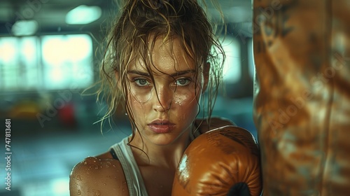 Female boxer with intense focus and determination. Dynamic sports portrait depicting strength and fitness.