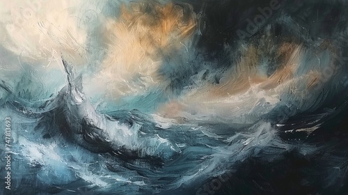 Abstract ocean waves painting with a dynamic and fluid expression. Textured brushstrokes in blue and white for art print and wall decor.