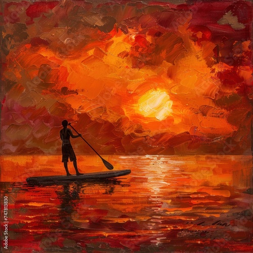 watercolor of Paddleboarding at sunset 