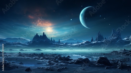 Vibrant Alien Planet Fantasy Landscape with Ample Copy Space, Canon RF 50mm f/1.2L USM Captured 3D Illustration