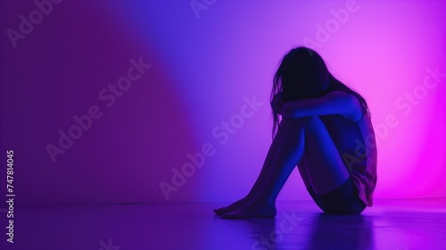 Depressed young woman sitting on the floor in neon light. Depression concept. Depression concept.