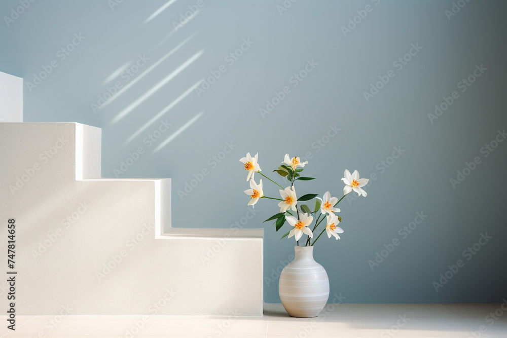 Vase with flowers near the white stairs. Minimalism in the interior. Generated by artificial intelligence Vase with flowers near the white stairs. Minimalism in the interior. Generated by artificial intelligence