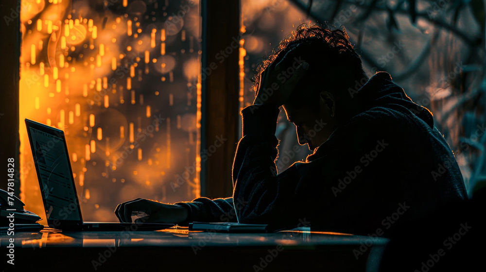 Silhouette of a stressed person with their head in their hands at a desk, laptop open, in a low-light environment with bokeh lights in the background.