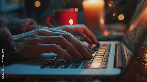 Close-up of hands typing on a laptop keyboard, with the warm glow of lights and a cozy red mug, suggesting a comfortable remote work setting.