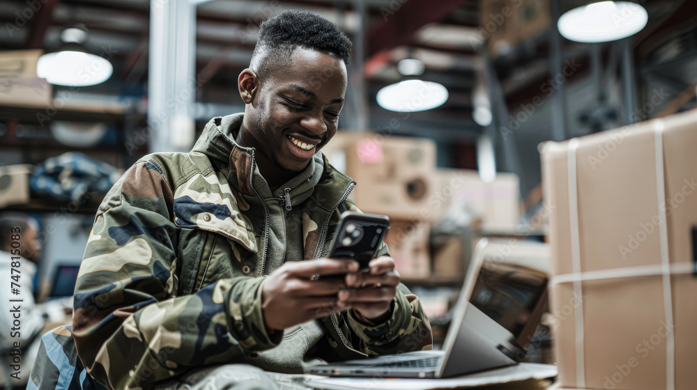 Joyful entrepreneur in a camouflage jacket using a smartphone with a laptop and packages in a warehouse, symbolizing a thriving e-commerce business.