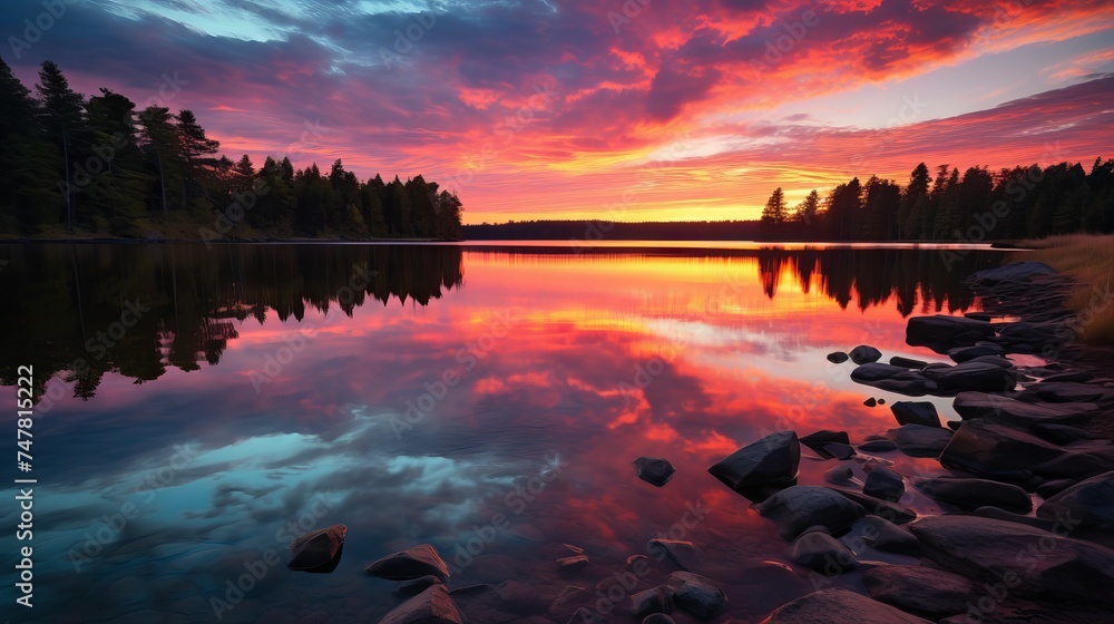 Captivating Sunset Scene: Tranquil Lake with Colorful Reflections, Shot with Canon RF 50mm f/1.2L USM