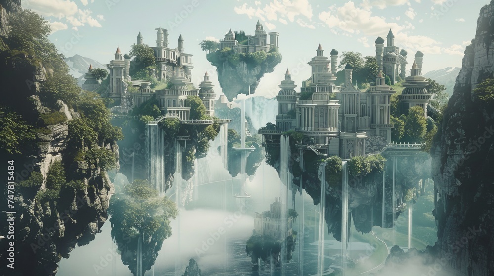 ethereal vision of a floating paradise, where architectural marvels stand tall on verdant islands, and waterfalls plunge into the cloud-covered abyss