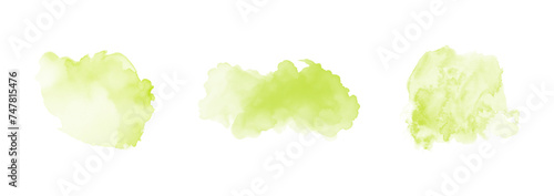 Set of abstract green watercolor water splash on a white background. Vector watercolour texture in salad color. Ink paint brush stain. Green splatters spot. Watercolor pastel splash
