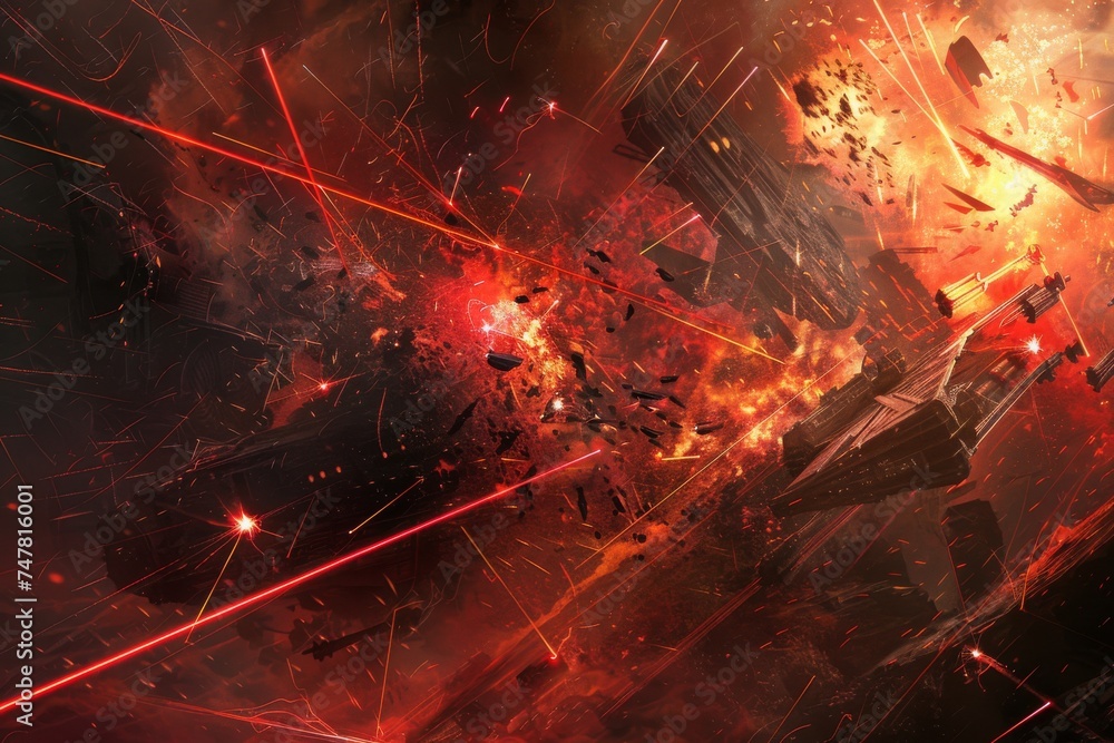 intense scene from a space battle, where the remnants of destroyed starships illuminate the void with their fiery glow intense scene from a space battle, where the remnants of destroyed starships illuminate the void with their fiery glow