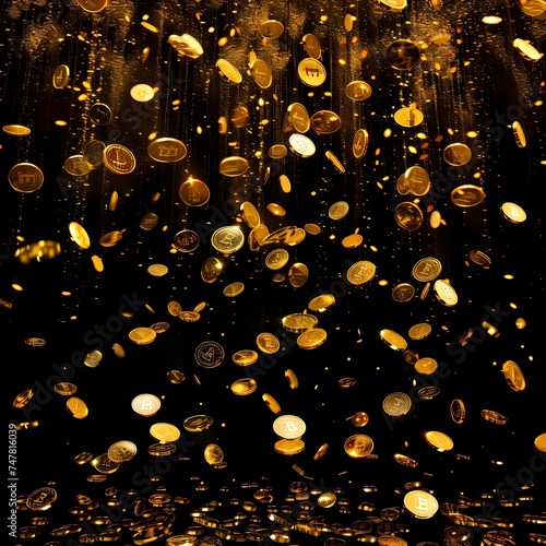 A downpour of golden coins illuminates the darkness, symbolizing prosperity. This conceptual image evokes thoughts of financial success and luxury. AI Generative