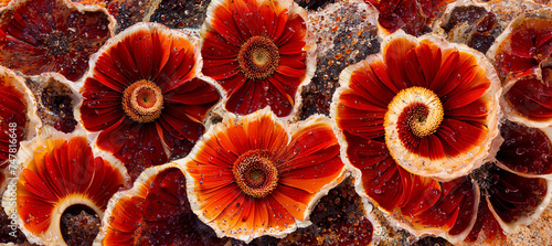 Abstract rock art collage background of gerbera daisy flowers in bloom with vibrant and vivid petals in a beautiful rustic red and orange color.