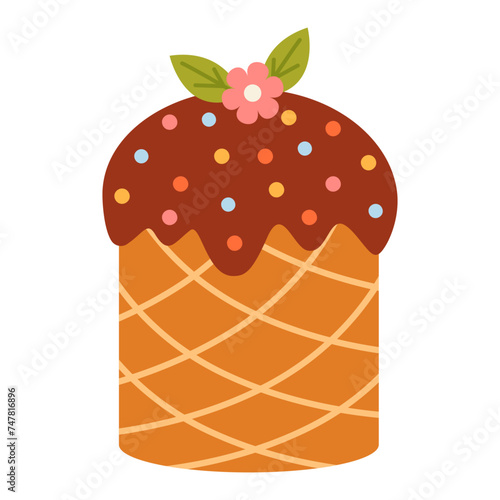 Easter chocolate cake with colorful dragees isolated on white background. Festive spring cake vector graphics