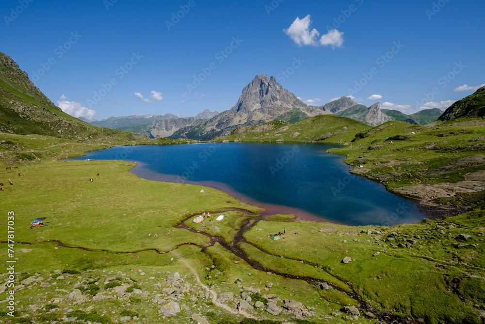 tent camp next to Gentau lake, Ayous lakes tour, Pyrenees National Park, Pyrenees Atlantiques, France