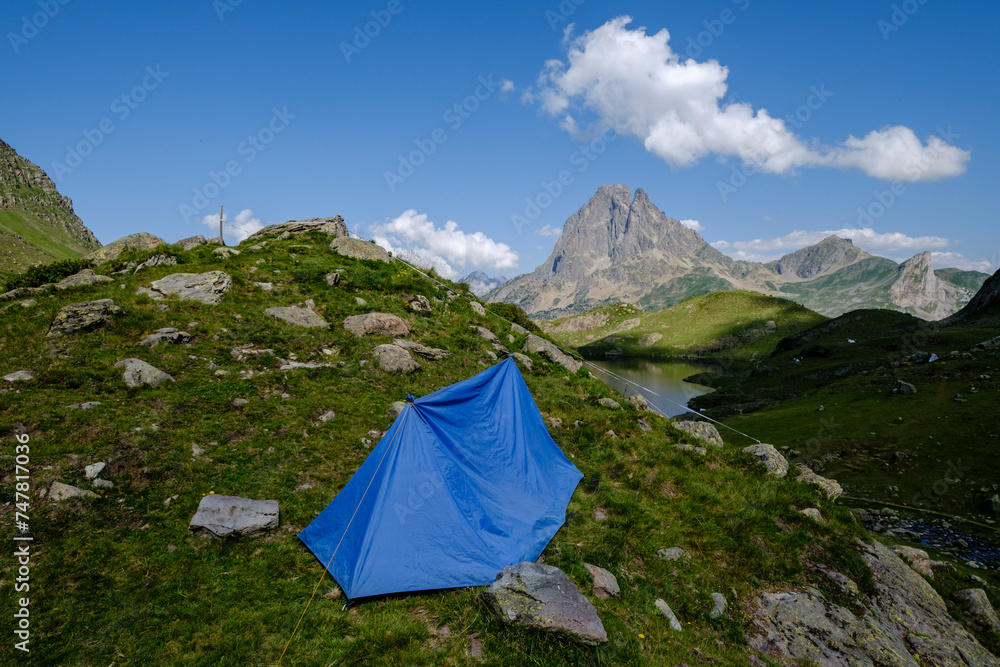 tent camp next to Gentau lake, Ayous lakes tour, Pyrenees National Park, Pyrenees Atlantiques, France