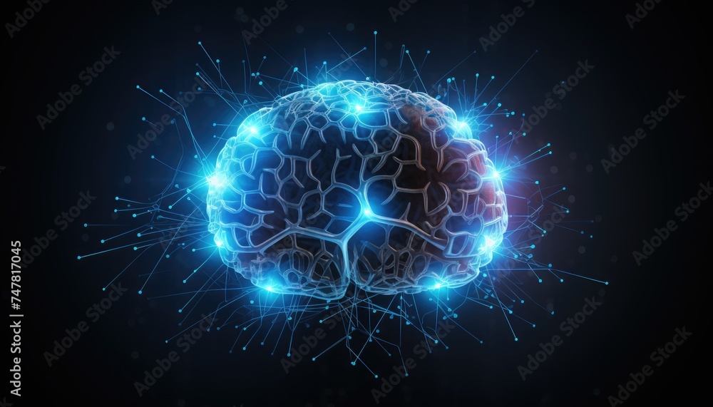 A wireframe mesh of a human brain with glowing blue lines connecting different parts