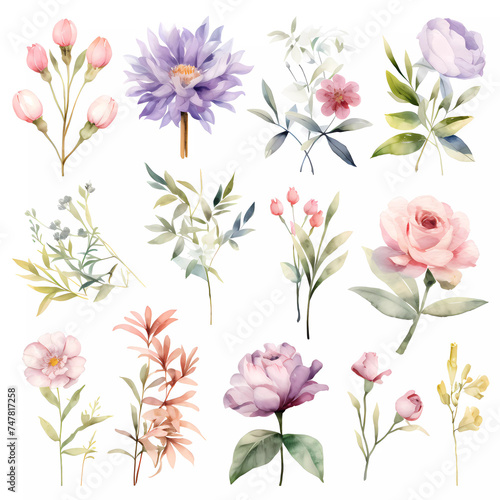 watercolor floral bouquet clipart collection in pastel colors on white background , watercolor floral elements
