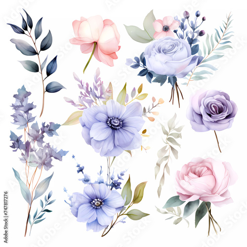 watercolor floral bouquet clipart collection in pastel colors on white background , watercolor floral elements