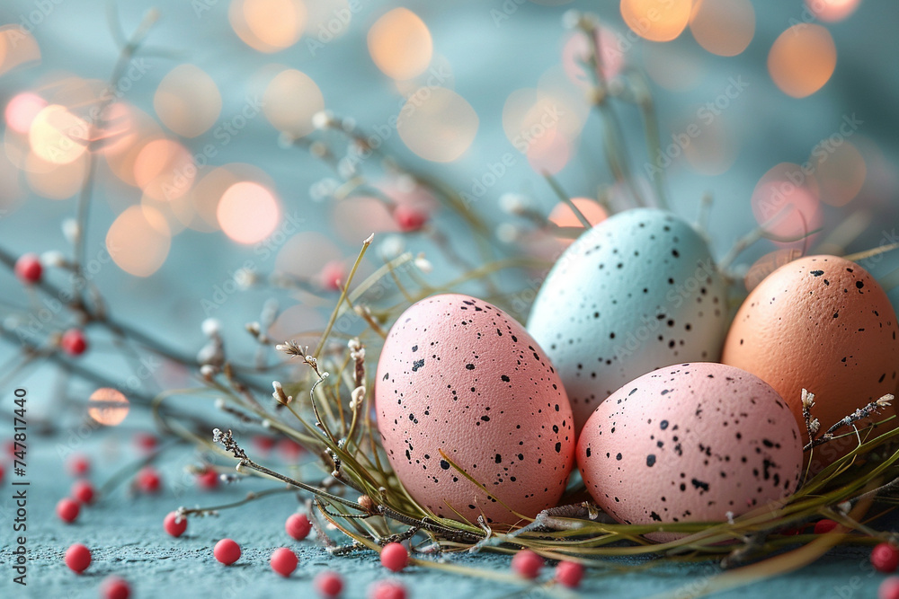 Fototapeta premium Easter themed card in light colors with colorful colored solid eggs,Easter concept