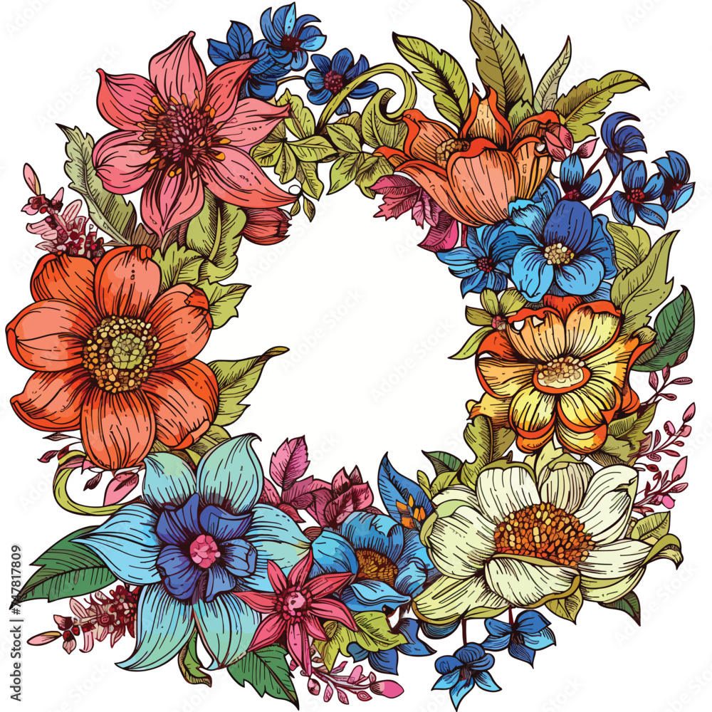 Flower wreath in the style of Doodle.