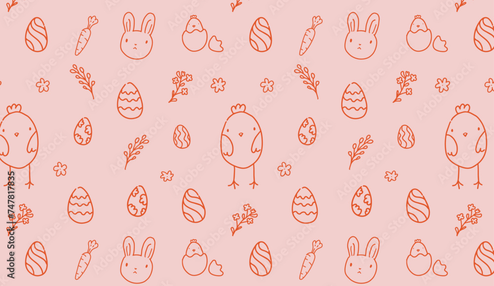 Easter seamless pattern with colourful rabbits, chickens, eggs, and flowers on soft pink background. Hand-drawn children style illustration for spring design and greeting cards. Colourful vector art. Easter seamless pattern with colourful rabbits, chickens, eggs, and flowers on soft pink background. Hand-drawn children style illustration for spring design and greeting cards. Colourful vector art.
