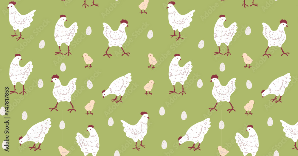 Seamless pattern of chickens and eggs on green background. Chicken backdrop in pastel colours. Hand-drawn poultry repeat design for textile, wallpaper for nursery and wrapping paper. Seamless pattern of chickens and eggs on green background. Chicken backdrop in pastel colours. Hand-drawn poultry repeat design for textile, wallpaper for nursery and wrapping paper.