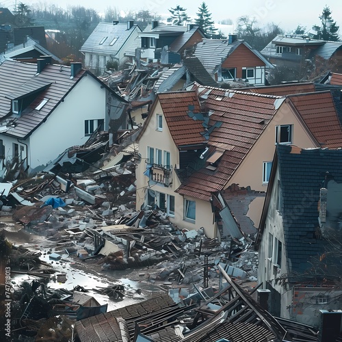A grim scene of urban destruction, with houses reduced to rubble and streets littered with debris, highlighting the severe aftermath of a disastrous event. The image serves as a poignant reminder of