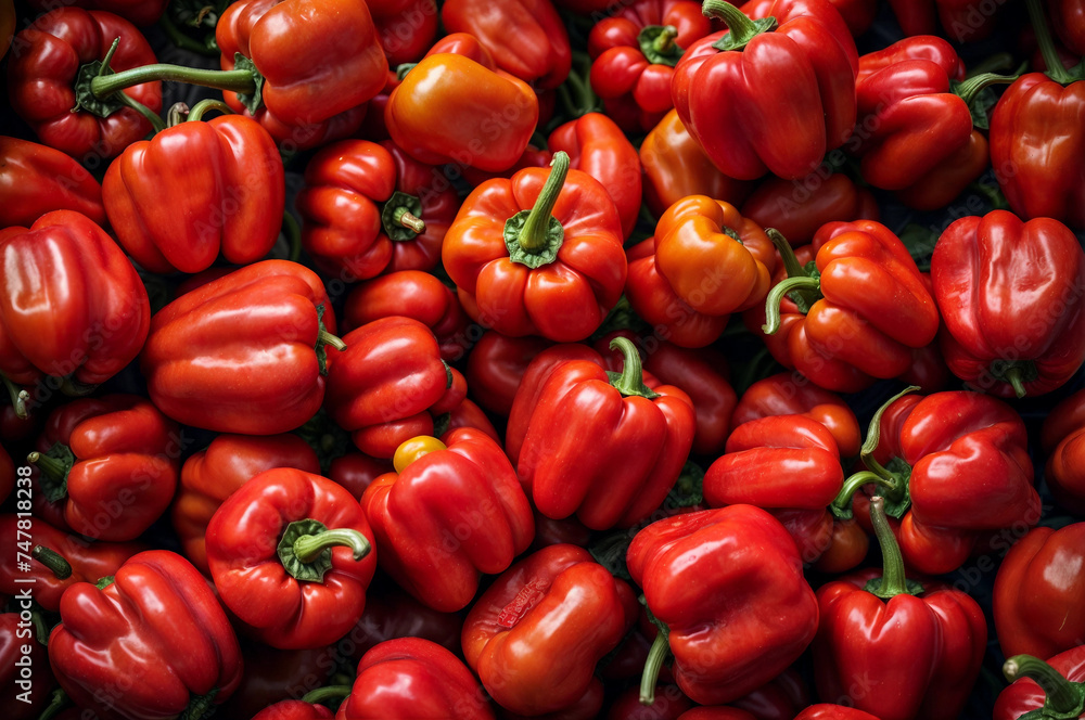 Red bell peppers on counter in supermarket. Large number of red peppers in pile. Generative AI Red bell peppers on counter in supermarket. Large number of red peppers in pile. Generative AI