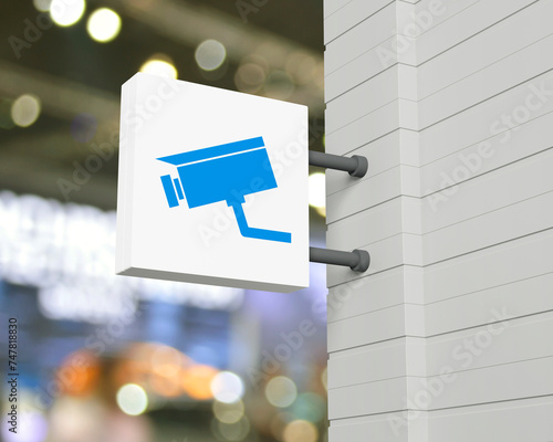 Cctv camera icon on hanging white square signboard over blur light and shadow of shopping mall, Technology security and safety online concept, 3D rendering