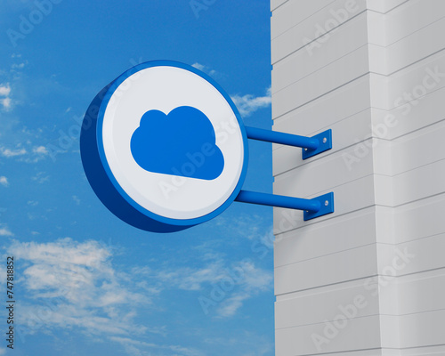 Cloud computing icon on hanging blue rounded signboard over sky, Technology cloud computing concept, 3D rendering