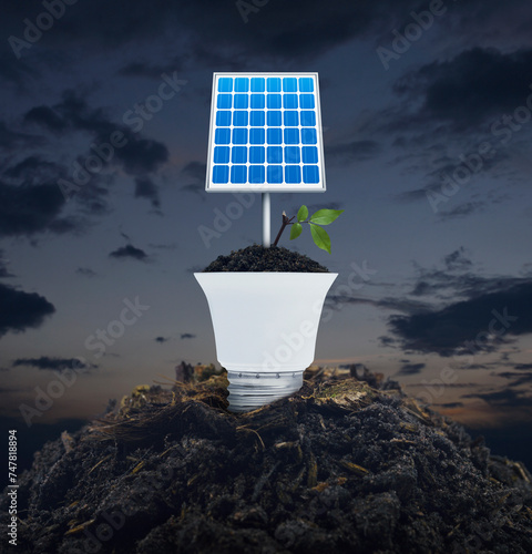 Solar cell and fresh green tree leaves on soil with light bulb over sunset sky, Green ecology and saving energy concept