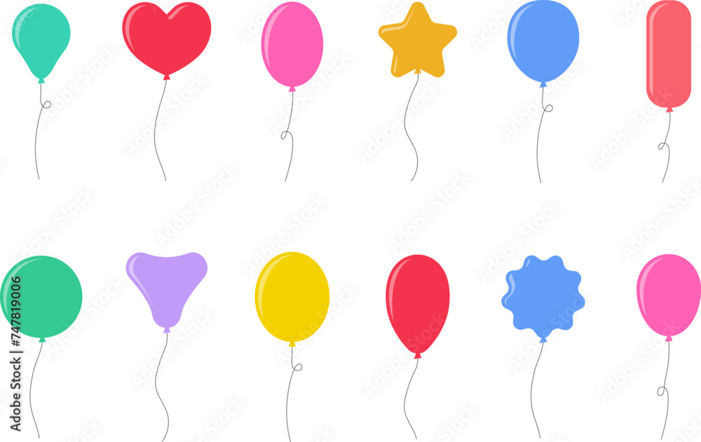 Balloon in cartoon style. Bunch of balloons for birthday or party. Flying balloon with rope. Flat icon vector illustration isolated on white background.