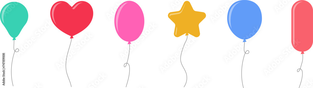 Balloon in cartoon style. Bunch of balloons for birthday or party. Flying balloon with rope. Flat icon vector illustration isolated on white background. Balloon in cartoon style. Bunch of balloons for birthday or party. Flying balloon with rope. Flat icon vector illustration isolated on white background.