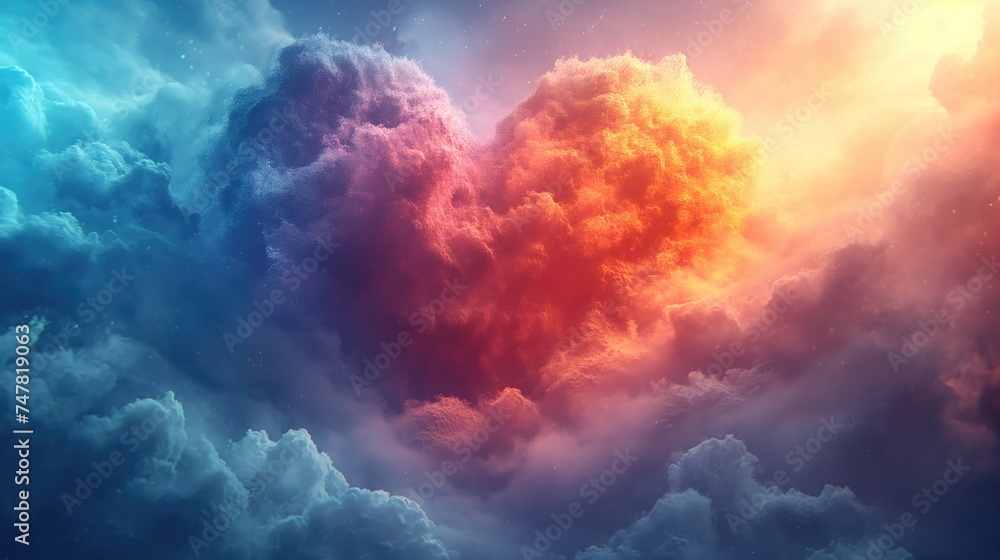 Red heart shaped clouds at sunset. Beautiful love background. Created with Generative AI.