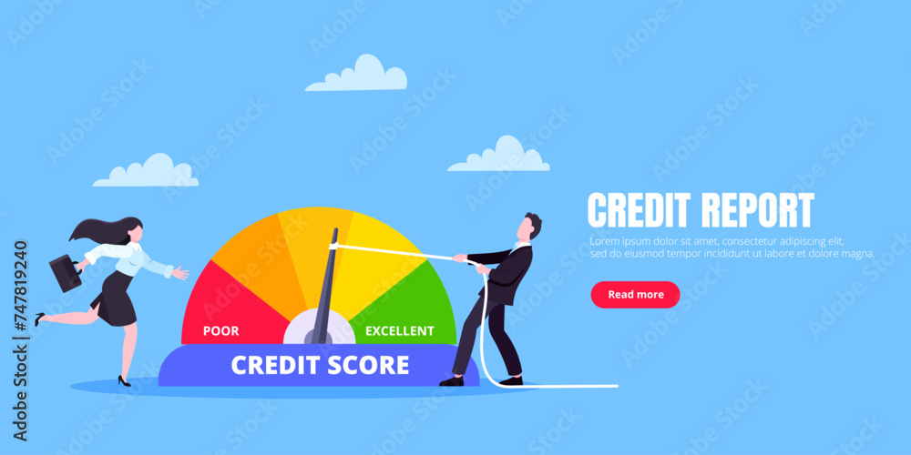 Man and woman push credit score arrow gauge speedometer indicator with color levels. Measurement from poor to excellent rating for credit or mortgage loans concept flat style vector illustration. Man and woman push credit score arrow gauge speedometer indicator with color levels. Measurement from poor to excellent rating for credit or mortgage loans concept flat style vector illustration.