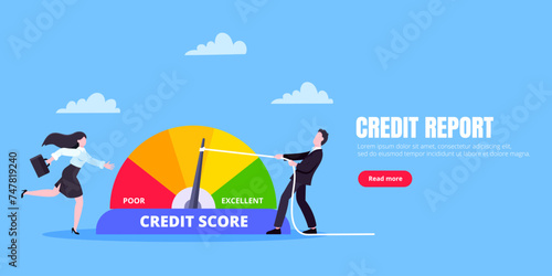Man and woman push credit score arrow gauge speedometer indicator with color levels. Measurement from poor to excellent rating for credit or mortgage loans concept flat style vector illustration. photo