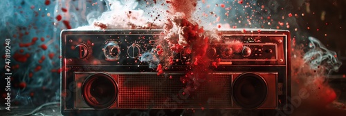 Boombox hip-hop classic. Red-colored speakers exploding in a macro view
