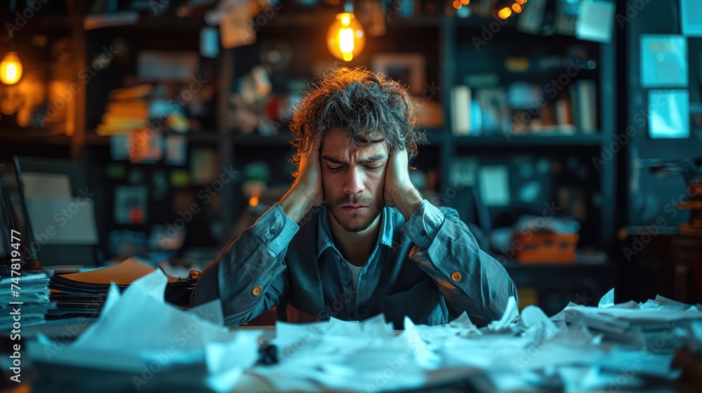 Stressed employee in his office with a pile of documents and work papers. Created with generative AI. Stressed employee in his office with a pile of documents and work papers. Created with generative AI.