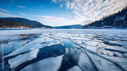 Frozen Blue Ice Cracks on Winter Lake Surface with Pine-Covered Hills  Carpathian  Ukraine  Europe