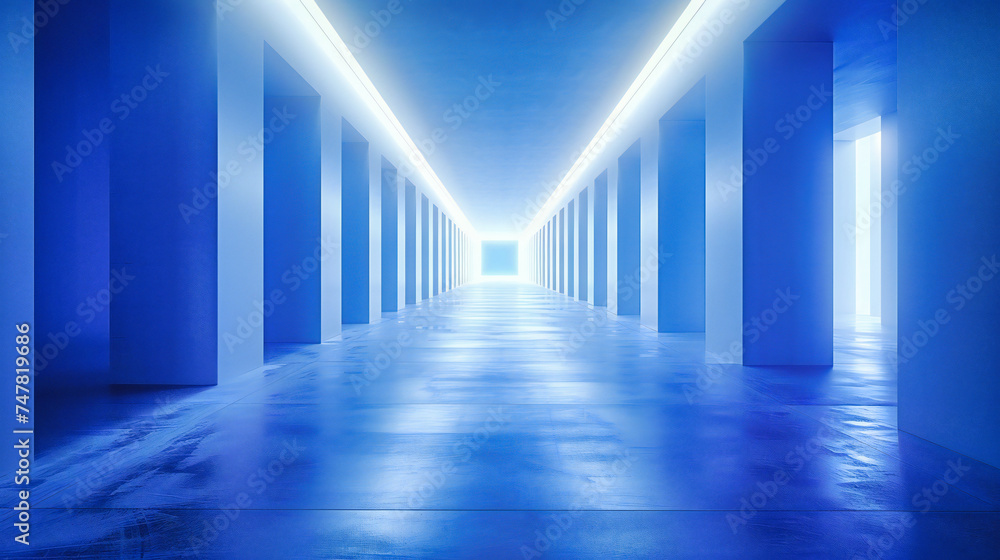 Empty Corridor with Neon Lights: Futuristic Tunnel, Blue and Black Abstract Interior, Concept Illustration