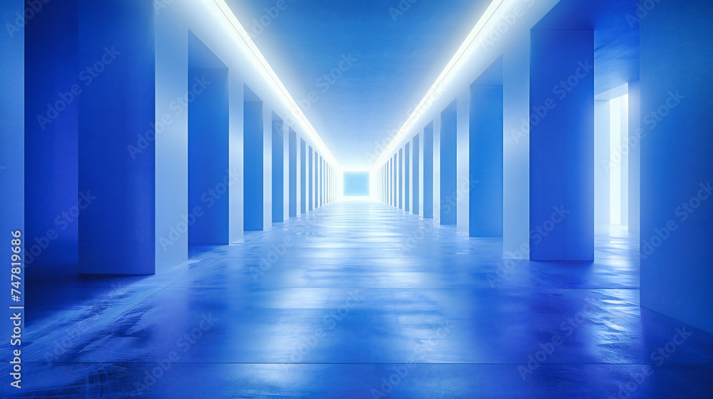 Empty Corridor with Neon Lights: Futuristic Tunnel, Blue and Black Abstract Interior, Concept Illustration Empty Corridor with Neon Lights: Futuristic Tunnel, Blue and Black Abstract Interior, Concept Illustration