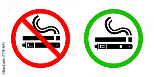 No smoking no vaping and smoking area sign set. Forbidden sign icon isolated on white background vector illustration. Cigarette, vape in prohibition circle and green allowed area.