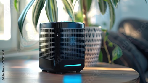 A distinctive and fashionable little dehumidifier with a blue LED light at the bottom of the water tank, resembling a hip and fashionable portable speaker. Black dehimidifier