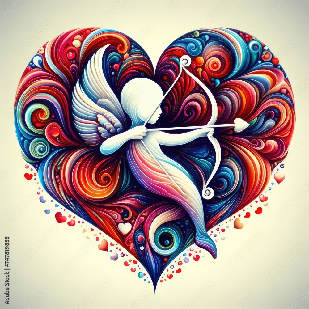 Fantasy illustration of cupid holding bow and aiming or shooting arrow. God of love, Amor, Eros or mythological character with wings. Digital illustration, generative ai Fantasy illustration of cupid holding bow and aiming or shooting arrow. God of love, Amor, Eros or mythological character with wings. Digital illustration, generative ai
