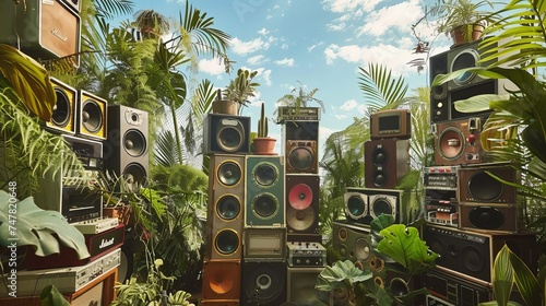 a vast sound system, speaker stacks, lush greenery, and a blue sky photo