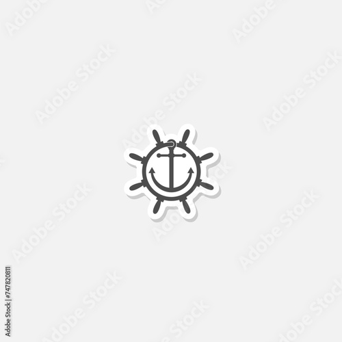 Ship steering wheel with anchor inside icon sticker isolated on gray background