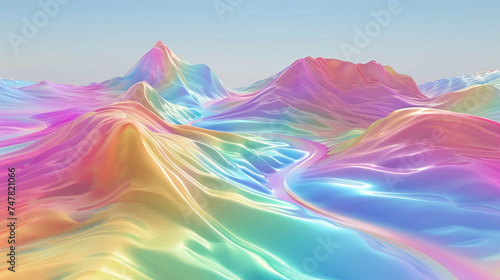 3d render of molten rainbow rivers flowing over invisible hills