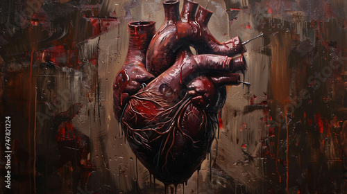 A heart pierced by multiple sharp objects, leaking darkness