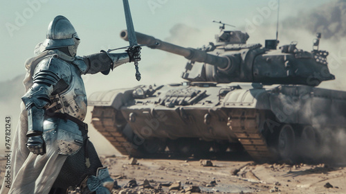 A knight wielding a sword in front of a heavily armored tank