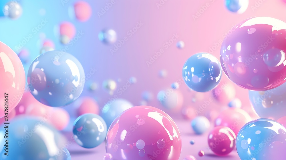 3D rendering. Pink, blue and purple balls of different sizes on a gradient background.