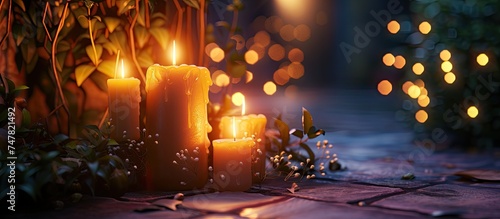 A group of lit candles illuminating a dark room, casting flickering shadows on the tiled floor. The warm glow from the candles creates a cozy and inviting ambiance.